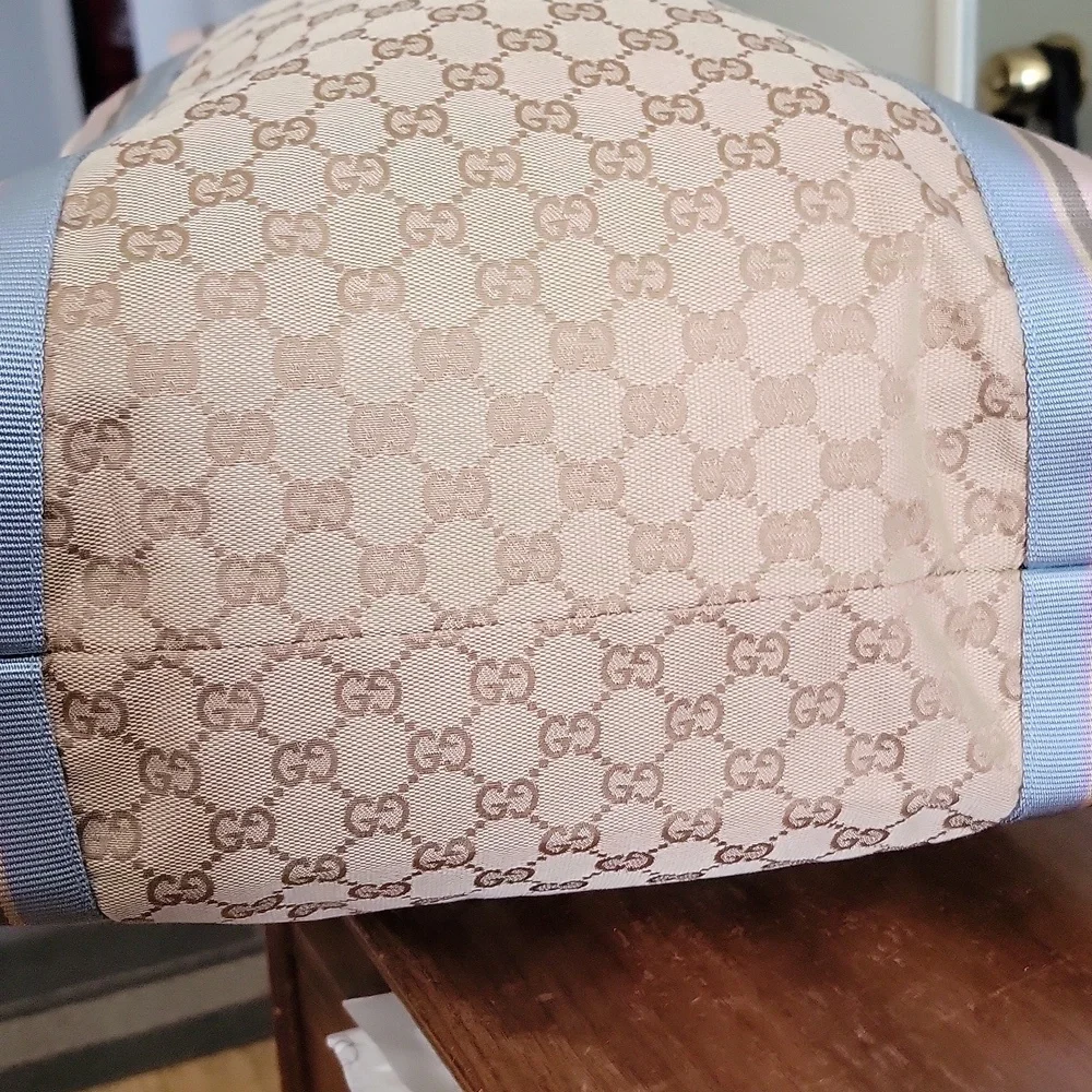 New with Tag attached Gucci Beige GG Canvas Tote with Pastel Pink & Blue Straps - Picture 7 of 16